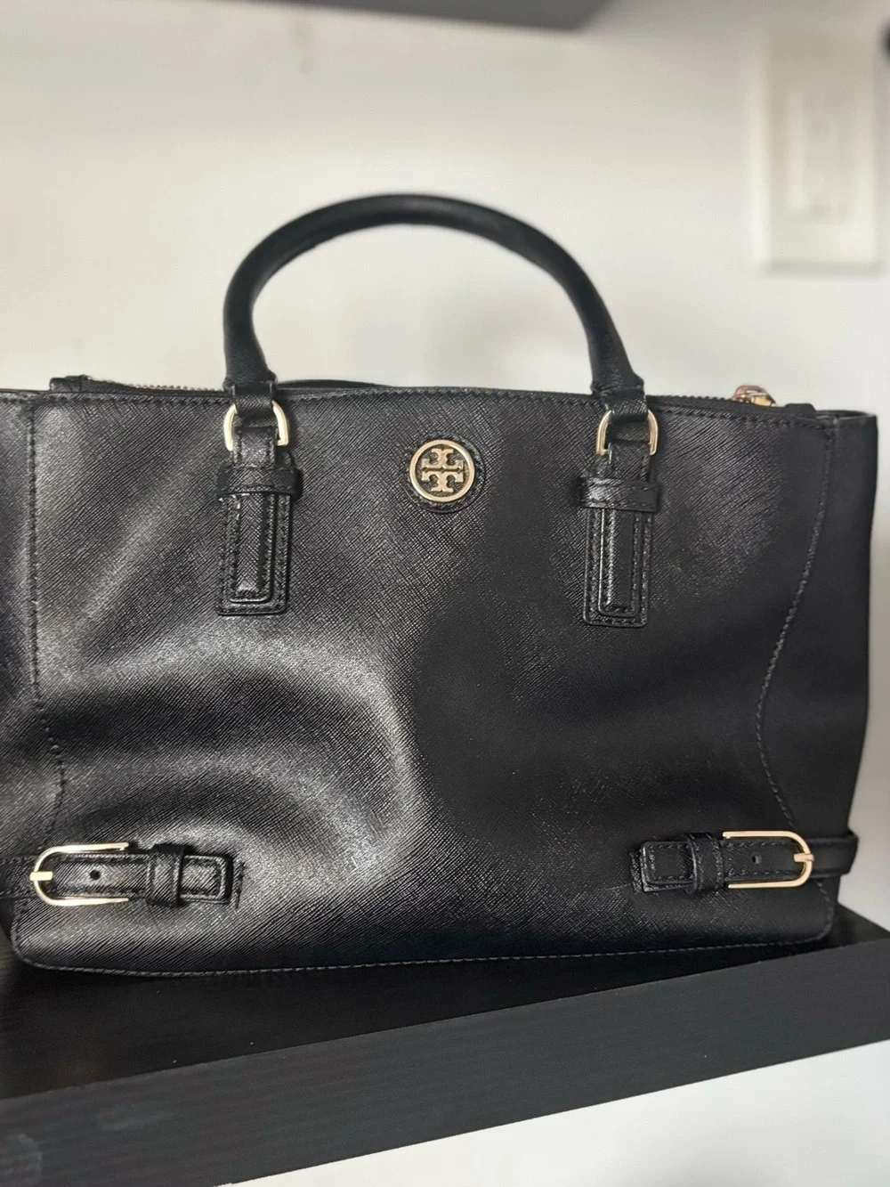 Tory Burch Black Leather Satchel with Gold-Tone Logo